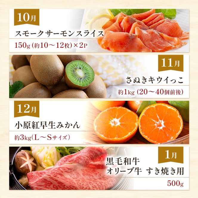 東かがわ市お楽しみ頒布会(12回) サーモン キウイ 黒毛和牛 みかん いちご 卵 アスパラ 讃岐うどん メロン 豚肉 ブルーベリー シャインマスカット 香川