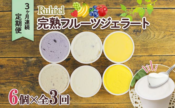 定期便 3ヶ月連続3回 北海道 Ruhiel 完熟フルーツ ジェラート 6個 計18個 アイス 詰め合わせ 自家製 スイーツ デザート パーティー 贈り物 お取り寄せ ギフト ルヒエル 倶知安町 イタリアンジェラート 