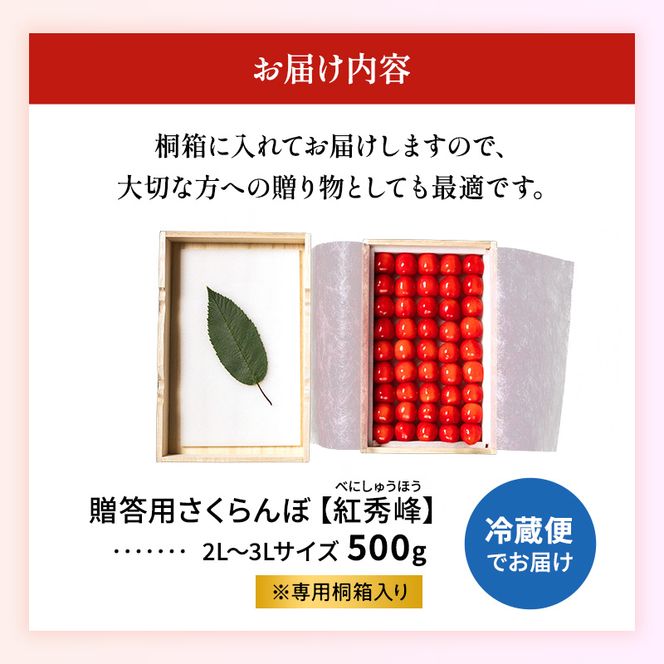 先行受付 北海道 仁木町産 贈答用 さくらんぼ 【 紅秀峰 】 桐箱入 2L～3Lサイズ 500g 果物類 フルーツ サクランボ チェリー  [嶋田茂農園匠]