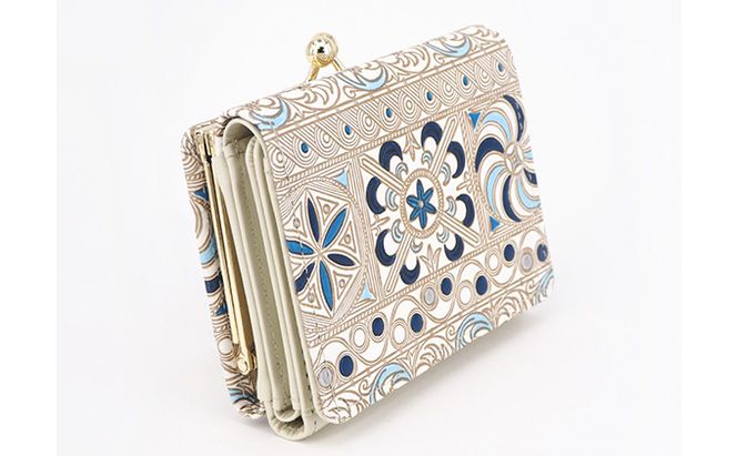 【文庫屋大関】三つ折りミニ財布　錦紗（青）【皮革工芸品】 ファッション 小物 民芸品 お札 カード 小銭 手のひらサイズ コンパクト 大人かわいい 牛革 手作り 国産 