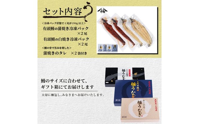 楠田の極うなぎ 蒲焼き2尾・白焼き2尾 190g以上×4尾(計760g以上) c6-082