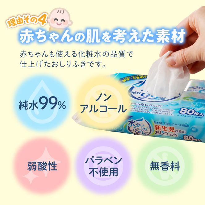 【2回定期便】水分たっぷり純水99％ おしりふき80枚入×3Ｐ×12セット（計72個） ウエットティッシュ ウェットティッシュ ウエットシート ウェットシート  [032T01-T]