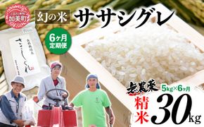 【新米予約】《 希少品種米 》 米 令和8年 宮城県産 ササシグレ ( 栽培期間中農薬・肥料不使用 ) 【 6回 定期便 】 精米 白米 5kg × 6ヶ月 （ 合計 30kg ） | nt-ss05-t6-r8