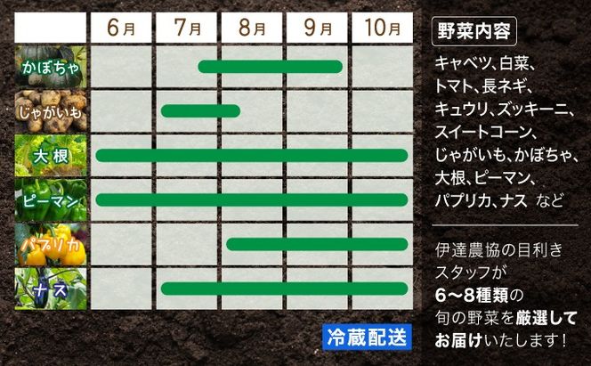 ＜定期便2回＞北海道 伊達市 産直・旬のおまかせ野菜詰合せ 6～8種【dnk-004】