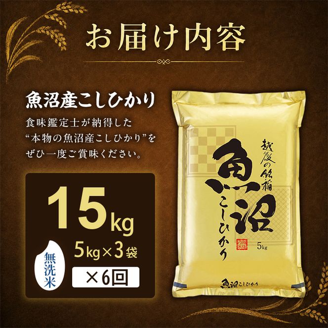 【令和8年産 先行予約】無洗米「6カ月定期便」食味鑑定士厳選！１５ｋｇ(５ｋｇ×３)×６回 白米 安心 安全 こだわり 米 コシヒカリ 定期 新潟県 十日町市