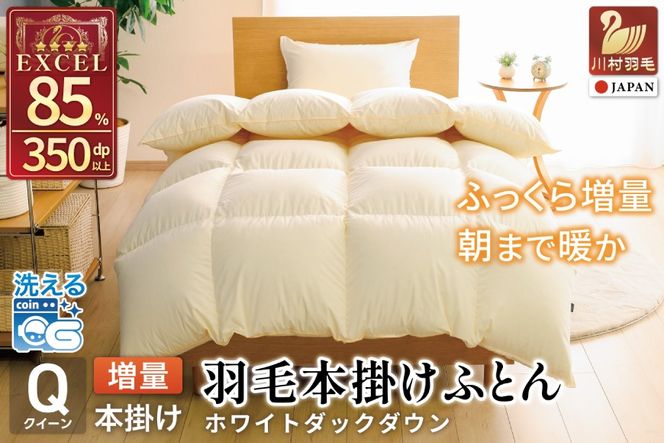 【冬用】 洗える 羽毛布団 本掛け 増量 クイーン ホワイトダックダウン 85％ 1.8kg 無地 アイボリー [川村羽毛 山梨県 韮崎市 20745482] かけ布団 冬 掛け布団   布団 ふとん 羽毛 掛布団 寝具 4つ星 エクセルゴールドラベル ダウンケット 日本製 国産 抗菌 防臭 送料無料