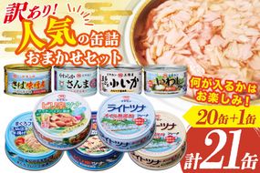 訳あり お任せ 人気 缶詰 20缶 +1缶 合計21缶 セット [ミヤカン 宮城県 気仙沼市 20566259] 缶詰 ツナ缶 さば缶 さんま缶 いか缶 いわし缶 鯖缶 ツナフレーク さば水煮 さば味噌煮 詰め合わせ 長期保存 非常食 備蓄 食べ比べ 防災 キャンプ アウトドア ふるさと納税