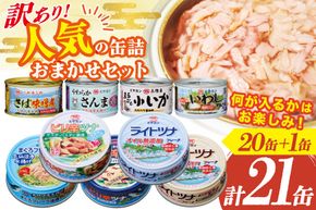 訳あり お任せ 人気 缶詰 20缶 +1缶 合計21缶 セット [ミヤカン 宮城県 気仙沼市 20566259] 缶詰 ツナ缶 さば缶 さんま缶 いか缶 いわし缶 鯖缶 ツナフレーク さば水煮 さば味噌煮 詰め合わせ 長期保存 非常食 備蓄 食べ比べ 防災 キャンプ アウトドア ふるさと納税