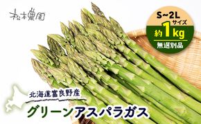 【2026年4月上旬より発送】北海道 富良野産 グリーンアスパラガス S～2Lサイズ 無選別品 約1kg (松本農園) 野菜 新鮮 直送 朝採り アスパラガス 道産 北海道 ふらの 