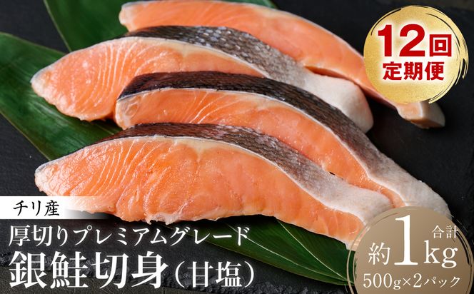 【定期便12回】厚切り プレミアムグレード 銀鮭 切身  (甘塩)  1kg  (約500g×2パック) ギンザケ お弁当 おかず レシピ 焼き魚 ムニエル 冷凍 サケ さけ シャケ 切り身 魚 魚介 甘塩 熊本県 八代市