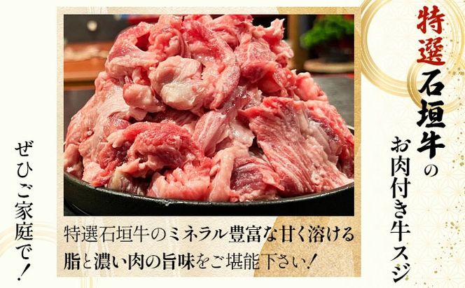 【2025年11月以降順次発送】特選石垣牛の牛スジとマルチョウ、秘伝の味噌味をご家庭で！！牛スジ500g×2、マルチョウ300ｇ×2、味噌味マルチョウ300ｇ×2の大満足のよくばりセット