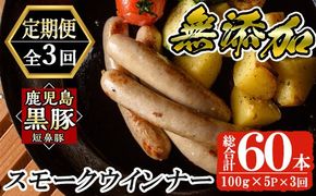a878 《定期便全3回》鹿児島黒豚「短鼻豚」無添加スモークウインナー計60本(20本×3回)【鹿児島ますや】姶良市 ウインナー ウィンナー 無添加 おつまみ 冷凍 黒豚 スモーク おかず