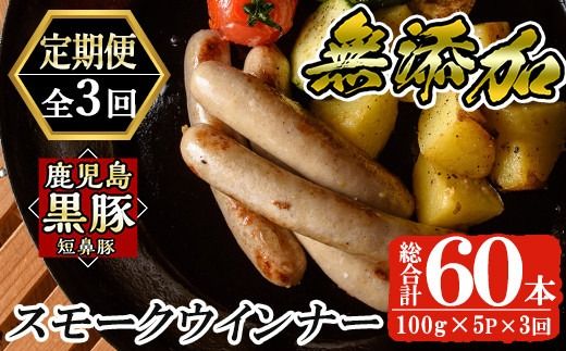 a878 《定期便全3回》鹿児島黒豚「短鼻豚」無添加スモークウインナー計60本(20本×3回)【鹿児島ますや】姶良市 ウインナー ウィンナー 無添加 おつまみ 冷凍 黒豚 スモーク おかず