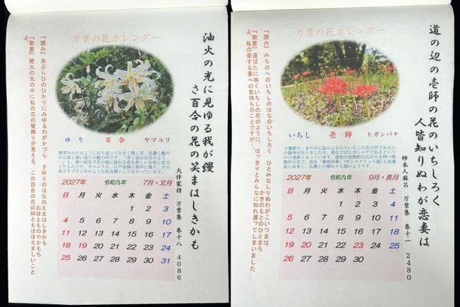 万葉の花カレンダー（細川紙） 新年度 令和9年版 [NPO法人紫草と万葉の会 埼玉県 小川町 045] カレンダー 令和 手漉き和紙 伝統 数量限定