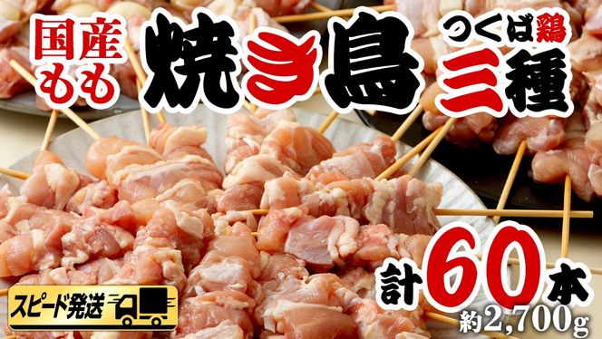 【 スピード 発送 】1本45g！合計約2700g！食べ応えバツグン、つくば鶏 焼き鳥 モモ 3種 60本 セット （各 20本 入り） 焼鳥 鶏肉 おかず おつまみ [AI11-NT]