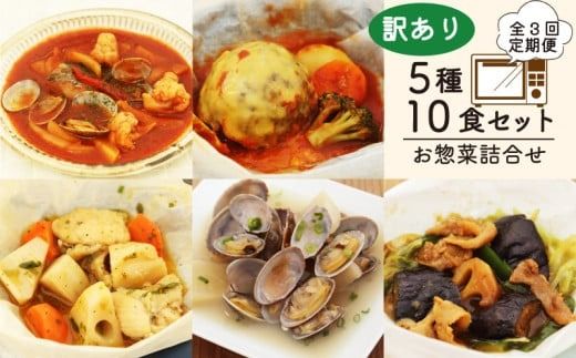 【全3回定期便】 訳あり お惣菜 セット レンジで簡単 5種以上 10食セット 簡単 調理 レトルト 詰合せ おかず 料理 冷凍 お弁当 おかず レンジ 調理 洋食 和食 洋風 和風 ハンバーグ 煮込みハンバーグ 肉 魚 野菜 煮物 おつまみ 静岡県 藤枝市