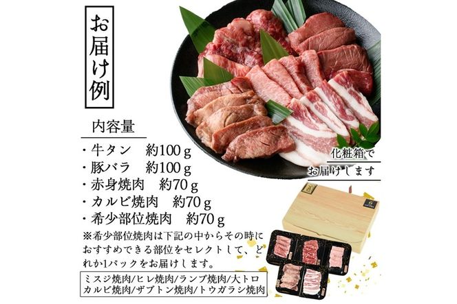 ＜訳あり＞厳選焼肉お試しセット (合計410g・5種) おおいた和牛 アイオワプレミアム 牛タン 米の恵み 豚バラ 焼肉 牛肉 肉 豚肉 赤身 カルビ 希少部位 低温熟成 和牛 ブランド牛 BBQ 冷凍 大分県 佐伯市【DH263】【(株)ネクサ】