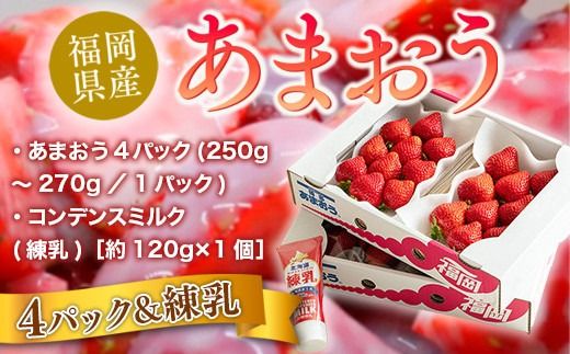 福岡産あまおう４パック＆練乳 先行予約※2024年11月下旬～2025年4月上旬にかけて順次発送予定　AX018