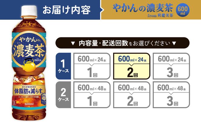 【2回定期便】やかんの濃麦茶 from 爽健美茶 600ml PET×24本（１ケース）合計48本【コカコーラ】 日本茶 お茶 麦茶 ペットボトル カフェインゼロ 常温 送料無料 こども 美容 むくみ BMI 体脂肪
