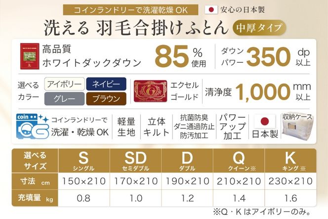 【春秋用】 洗える 羽毛布団 合掛け セミダブル ホワイトダックダウン85％ 1.0kg 無地 ネイビー 中厚 春用 秋用 [川村羽毛 山梨県 韮崎市 20745415] 合い掛け 軽い羽毛 布団 コインランドリー 掛け布団 ダウンかけ布団 ふとん 羽毛ふとん 合掛け布団 エクセルゴールドラベル