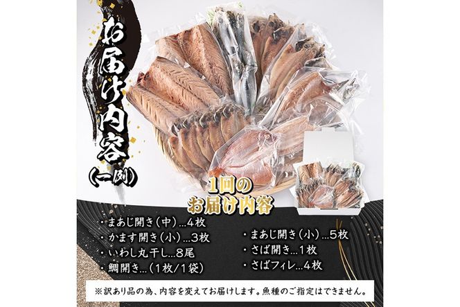 <訳あり>干物お楽しみBOX (25尾以上：隔月3回) 定期便 簡単 干物 たい タイ あじ アジ かます カマス さば サバ いわし イワシ 丸干し 開き みりん干し 魚 海鮮 冷凍 詰め合わせ セット【AQ96】【(株)やまろ渡邉】