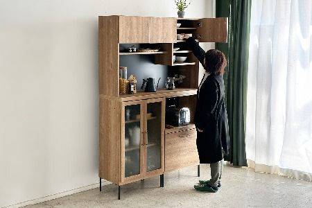 【東馬家具】TMフォカス 120OP収納+ガラス扉+オープン引出+脚2セット【収納棚 シャビー調 木目 おしゃれ 飾り棚 完成品 脚・取っ手のみ取付】(H060630)