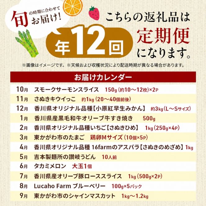 東かがわ市お楽しみ頒布会(12回) サーモン キウイ 黒毛和牛 みかん いちご 卵 アスパラ 讃岐うどん メロン 豚肉 ブルーベリー シャインマスカット 香川