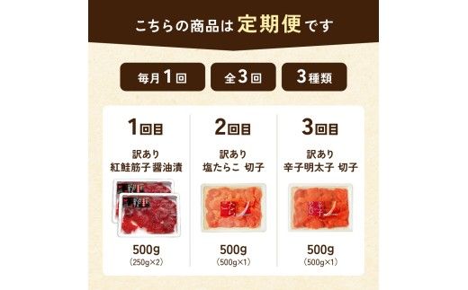 【定期便全3回】ごはんのお供！おにぎりの具定期便！　訳あり 紅鮭筋子醤油漬500g   訳あり塩たらこ500g  訳あり辛子明太子500g　R200-009