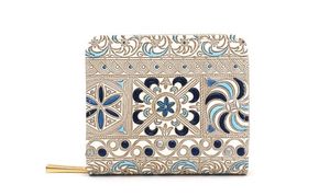 【文庫屋大関】二つ折りファスナーミニ財布 錦紗＜青＞【皮革工芸品】財布 二つ折り 小物 お札 カード 小銭 コンパクト 牛革 手作り 日本製 墨田区 東京都