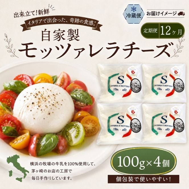  12ヶ月定期便 出来立て新鮮 モッツァレラチーズ100g  ×  4個セット 茅ケ崎産 加工食品 乳製品 チーズ 出来立て 神奈川県産 モッツァレラ 手作り Osteria e Bottega S 神奈川県 湘南 茅ケ崎 フレッシュチーズ  おつまみ ピザ