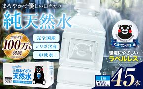 熊本イオン純天然水 ラベルレス 500ml×45本 《7-14日以内に出荷予定(土日祝除く)》 水 飲料水 ナチュラルミネラルウォーター 熊本県 玉名郡 玉東町 完全国産 天然水 くまモン パッケージ---gkt_lcl_733_45h---
