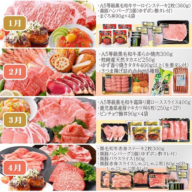 定期便(12回配送)お楽しみ便(A5等級黒毛和牛・黒豚・かつお・まぐろ・さつまあげ等)JJ-6002 【1166755】