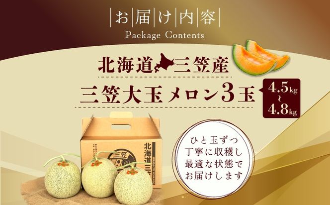 《2026年分受付中》大玉！とろける食感と甘い香り北海道三笠メロン3玉入（4.5kg～4.8kg）【0100203】