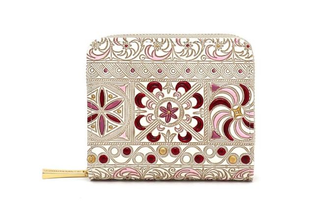 【文庫屋大関】二つ折りファスナーミニ財布 錦紗＜ピンク＞【皮革工芸品】財布 二つ折り 小物 お札 カード 小銭 コンパクト 牛革 手作り 日本製 墨田区 東京都