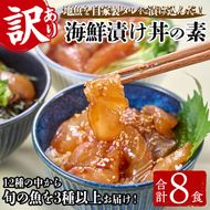 ＜訳あり＞地魚海鮮漬け丼の素 (計8食) アジ サバ マグロ カツオ タイ イカ ブリ カワハギ メジナ イサキ カンパチ ヒラメ 鮮魚 漬け丼 詰め合わせ 食べ比べ 冷凍 国産 大分県 佐伯市【GO013】【(株)水元】