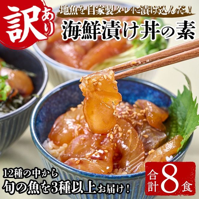 ＜訳あり＞地魚海鮮漬け丼の素 (計8食) アジ サバ マグロ カツオ タイ イカ ブリ カワハギ メジナ イサキ カンパチ ヒラメ 鮮魚 漬け丼 詰め合わせ 食べ比べ 冷凍 国産 大分県 佐伯市【GO013】【(株)水元】