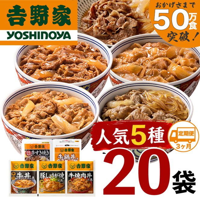 【定期便 ３ヶ月】吉野家 人気５種２０袋バラエティセット（冷凍） 牛丼 レトルト 非常食 防災食 3ヶ月 お楽しみ 新潟 