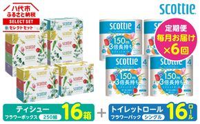 【定期便6回】【毎月お届け】【スコッティ】 組み合わせ ティシュー フラワーボックス 250組 16箱 計96箱 トイレットロール シングル フラワーパック 3倍長持ち 16ロール 計96ロール ティッシュ トイレットペーパー 日用品 ストック 防災備蓄 ストック 備蓄 新生活 防災 消耗品 生活用品 日用消耗品 箱ティッシュ