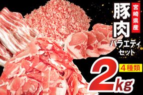 豚肉 詰め合わせ 宮崎県産豚肉 バラエティ セット 4種 2kg [南九フーズ 宮崎県 日向市 452061518] バラ 切り落とし しゃぶしゃぶ ロース スライス 豚こま 小間切れ ミンチ ひき肉