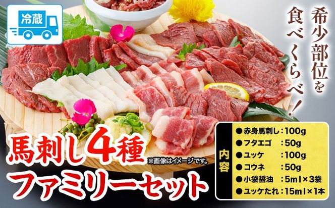 馬刺し 4種ファミリーセット 計300g 長洲501《30日以内に出荷予定(土日祝除く)》馬刺し 馬肉 熊本県 長洲町 肉 赤身 フタエゴ ユッケ コウネ 醤油付き 国産---sn_fan4syu_30d_24_14000_300g---