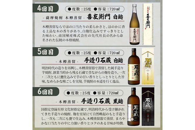 a1102 ＜定期便・全6回＞鹿児島本格芋焼酎飲み比べ！白金酒造 王道芋焼酎6本セット小(900ml×2本、720ml×4本)白金乃露白麹・黒麹 喜左衛門黒麹・白麹 手造り石蔵白麹・黒麹 【南国リカー】姶良市 定期便 酒 焼酎 本格芋焼酎 芋焼酎 飲み比べ 木樽蒸留