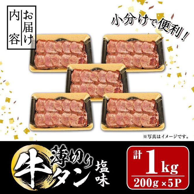 薄切り 塩味 牛タン (計1kg・約200g×5P) 小分け 牛肉 肉 タン 牛たん 味付け 焼肉 塩 BBQ 冷凍 大分県 佐伯市【DH282】【(株)ネクサ】