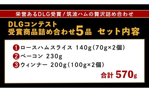 筑波ハム DLGコンテスト受賞商品 詰め合わせ ロースハムスライス ベーコン ウィンナー 合計570g ( 茨城県共通返礼品 ) 詰合せ 詰め合わせ 肉 豚 ウィンナー 熟成 贅沢 [FA006us]