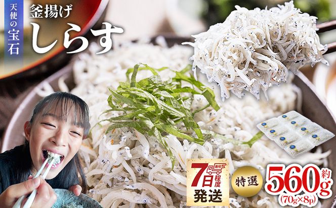 しらす 【天使の宝石】特選 釜揚げしらす 約560g 70g×8パック 特選 小分け 国産 ちりめんじゃこ 離乳食 しらす シラス 稚魚 魚介 魚 海産物 釜茹で ドロメ しらす丼 料理 ご飯のお供 カワクボFACTORY 高知県 香南市 fa-0002