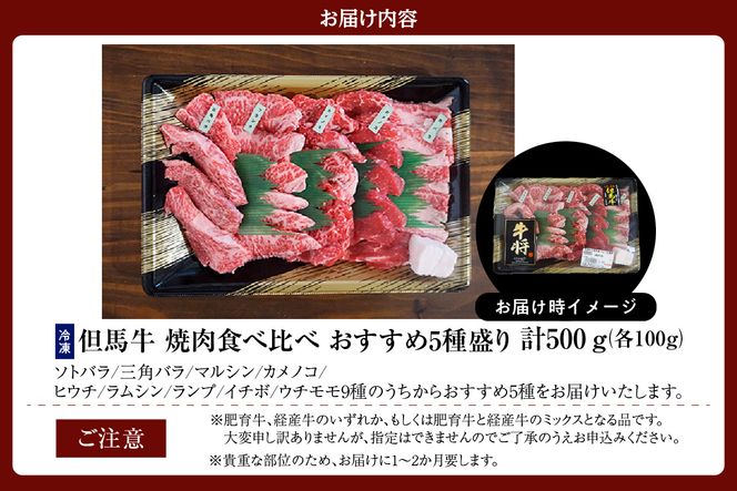 《12/21まで年内発送》【但馬牛 焼肉食べ比べ おすすめ5種盛り 500g】冷凍 ※発送目安：貴重な部位のためお届けに1～2か月要します 黒毛和牛 ルーツ 香美町 産地直送 国産 牛肉 ブランド 和牛 バーベキュー キャンプ ふるさと納税 おすすめ 返礼品 但馬 神戸 兵庫県 香美町 村岡 牛将 村岡ファームガーデン 02-18