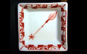 赤絵ゆず葉花種　平角珍味皿 民芸品 工芸品 インテリア 
