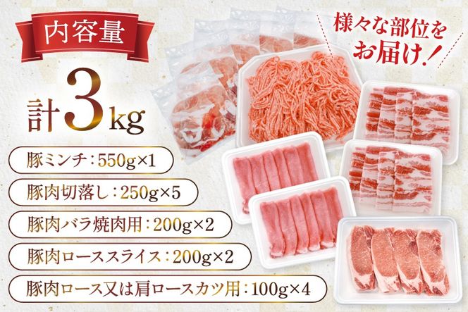 豚肉 宮崎県産豚肉 3kg 詰め合わせ セット [TRINITY 宮崎県 日向市 452061329] 小分け 豚 肉 宮崎 ロース スライス 豚バラ とんかつ 切り落とし ミンチ 豚ミンチ ひき肉 真空パック