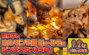 たかはしジンギスカン（ラム）とホルモン（みそ味・塩味）3種セット（400g×各1袋）計1.2kg 羊肉 ラム肉 焼肉 冷凍 食べ比べ おうち焼肉 バーベキュー 