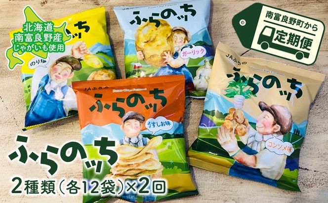 ポテトチップス 定期便 2ヶ月 北海道 ふらのっち 2種類(各12袋) 詰め合わせ セット JAふらの 食べ比べ じゃがいも スナック うすしお ガーリック のり塩 コンソメ チップス ポテト お菓子 おやつ 箱 農協 3ヵ月に1回お届け 定期 2回 