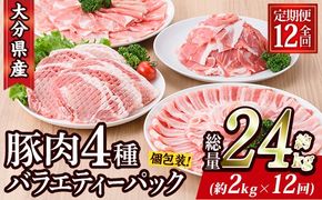 ＜定期便・全12回 (連続)＞豚肉 バラエティーパック (総量24kg・4種) 小分け 豚バラ スライス とんかつ ロース 豚こま しゃぶしゃぶ 鍋 大分県 佐伯市【BD210】【西日本畜産 (株)】